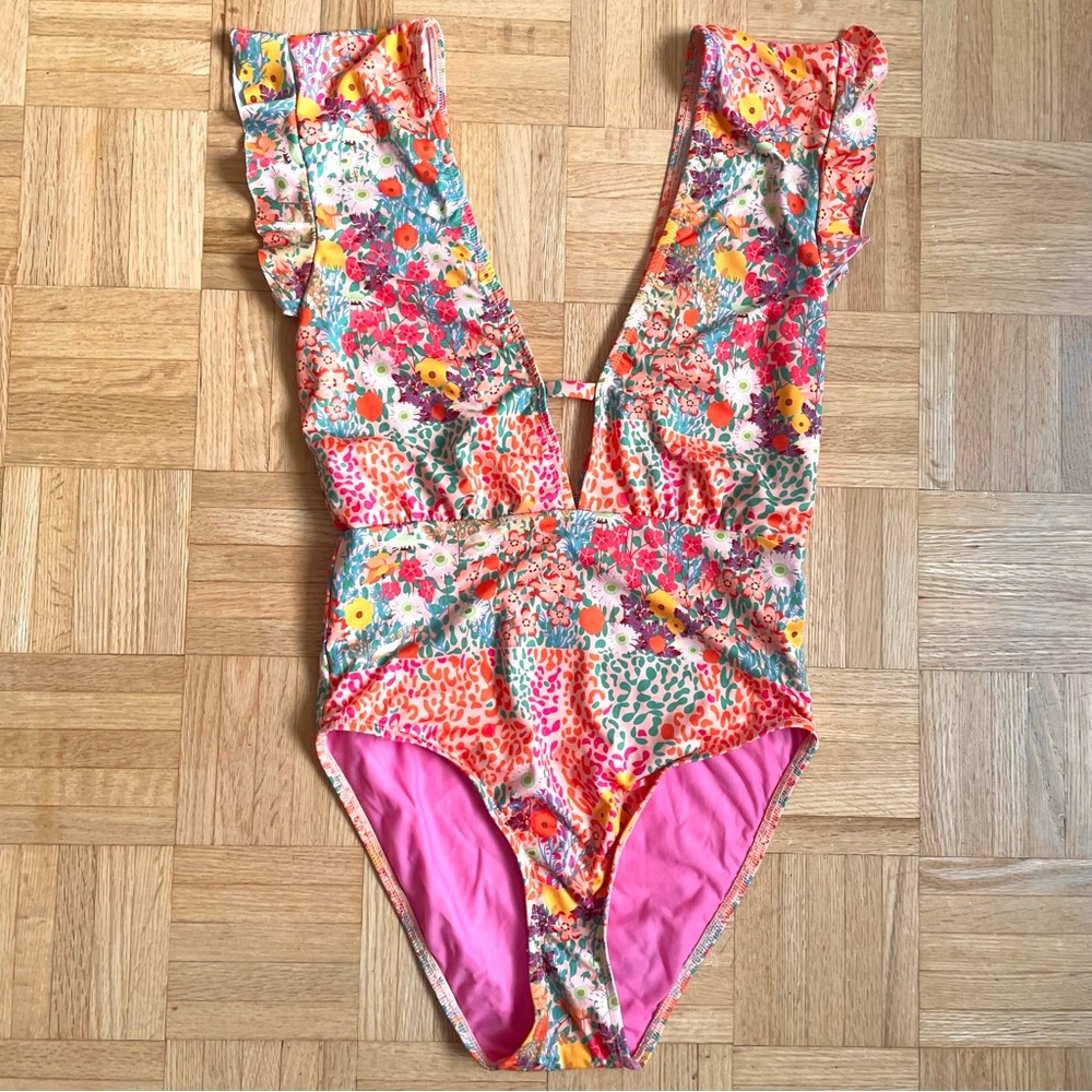 Beth Richards, Sophia One Piece Plunge Neck Ruffle Swimsuit, Orange Pink Small